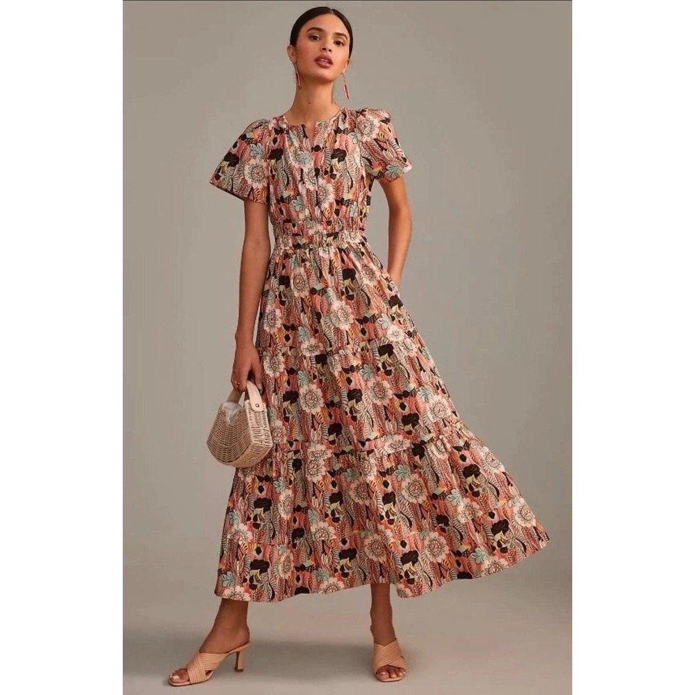 Anthropologie Maeve Somerset Maxi Botanic Garden Tiered Cotton Dress Sz Large